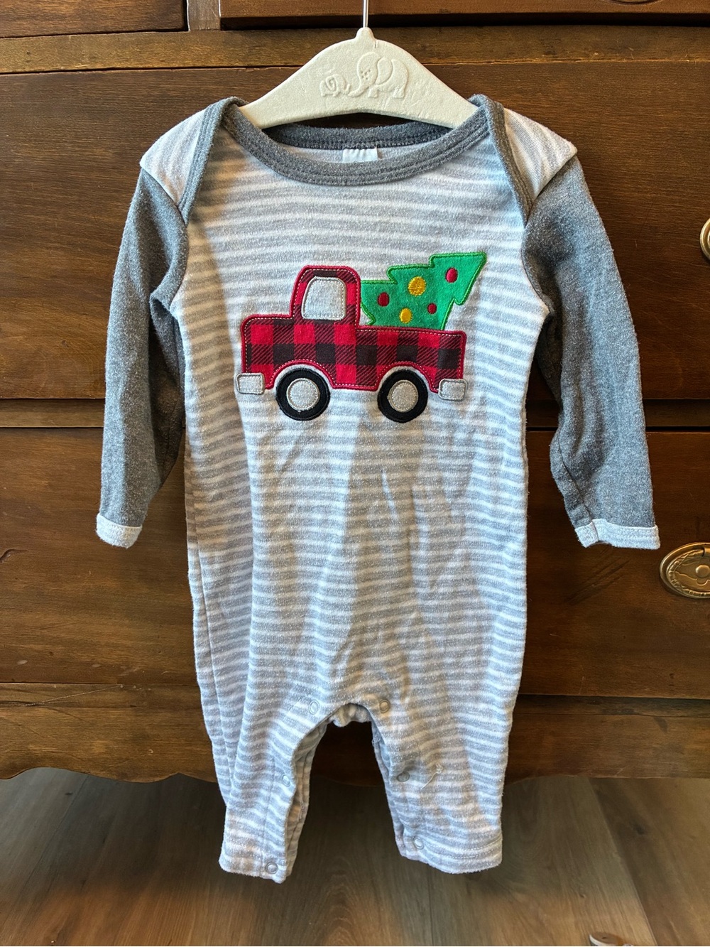 Baby Essentials Gray Striped One-Piece with Tree In Red Buffalo Check Truck
